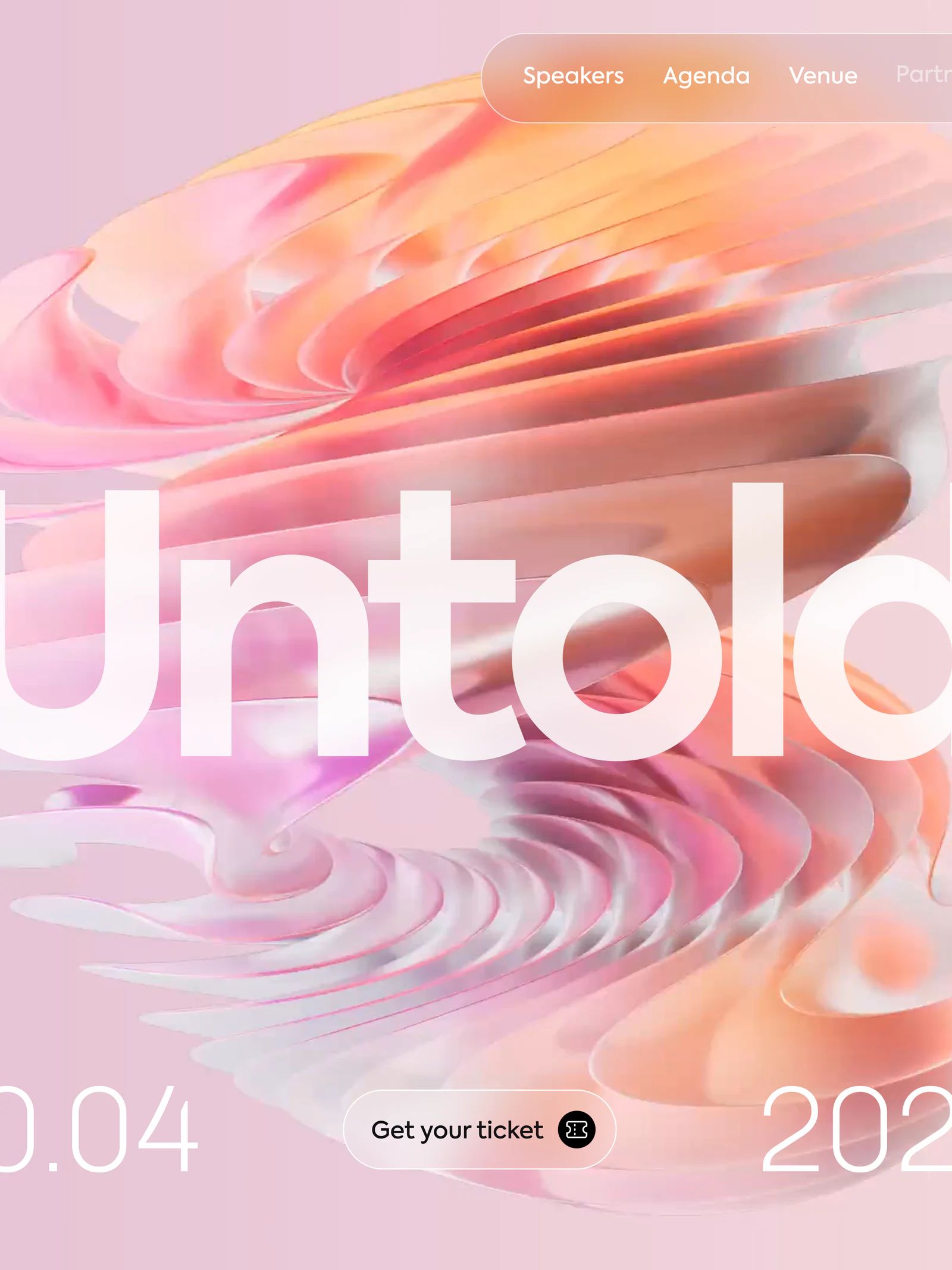 Meows Untold event website design with sculptural pink and orange artwork