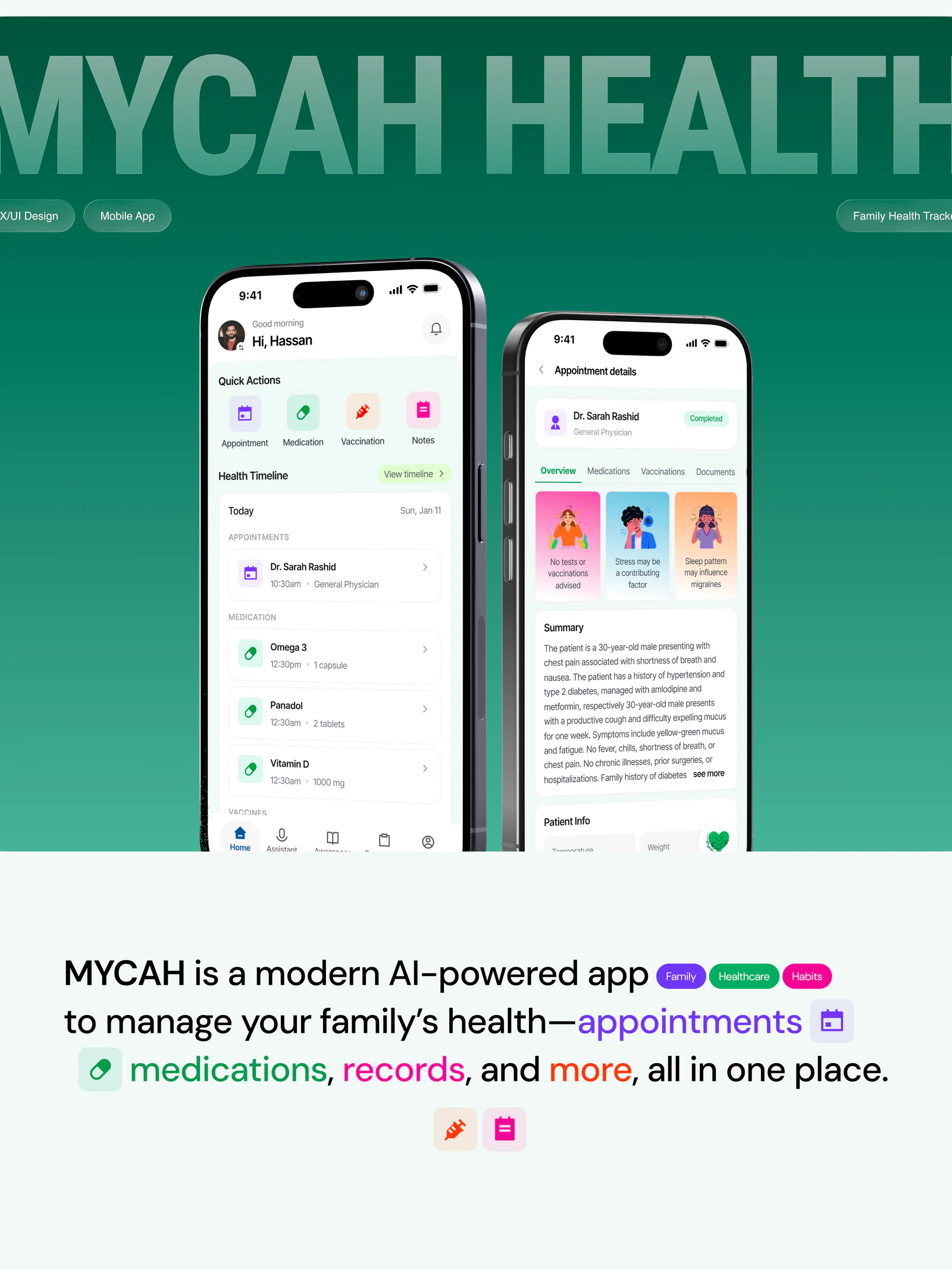 Mycah family health application interface designed by Hassan